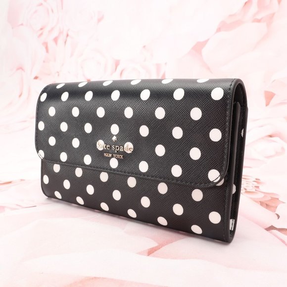 Kate Spade Women's Cheers Phone Wallet Black/White Polka Dot Leather W/Gift Box - Picture 4 of 10